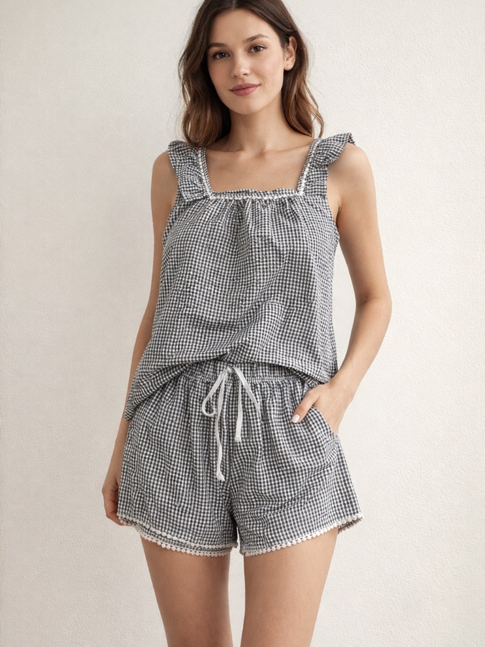 Rachel Zoe Black & White Gingham Ruffle Strap Sleep Set